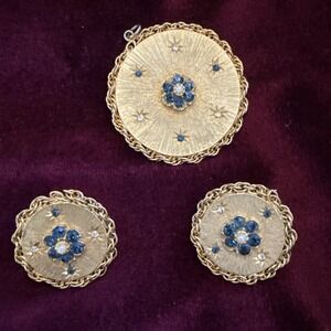 Vtg ACCESSOCRAFT RARE Blue Clear Rhinestone Starburst Etch Pendant Earrings Set